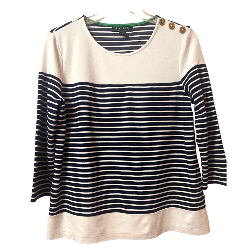 Lauren Ralph Navy Blue Stripe Pullover Sweater Top, Medium